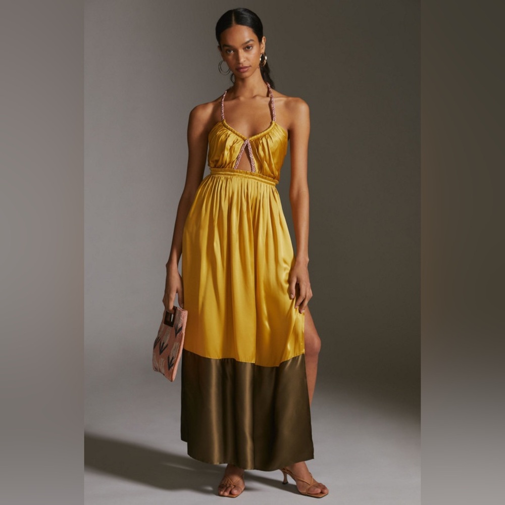 Anthropologie Yellow Colorblock Silk Dress